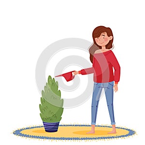 Lettering let`s stay home. Girl in red sweater and jeans watering home plant near round carpet and window with yellow curtains.
